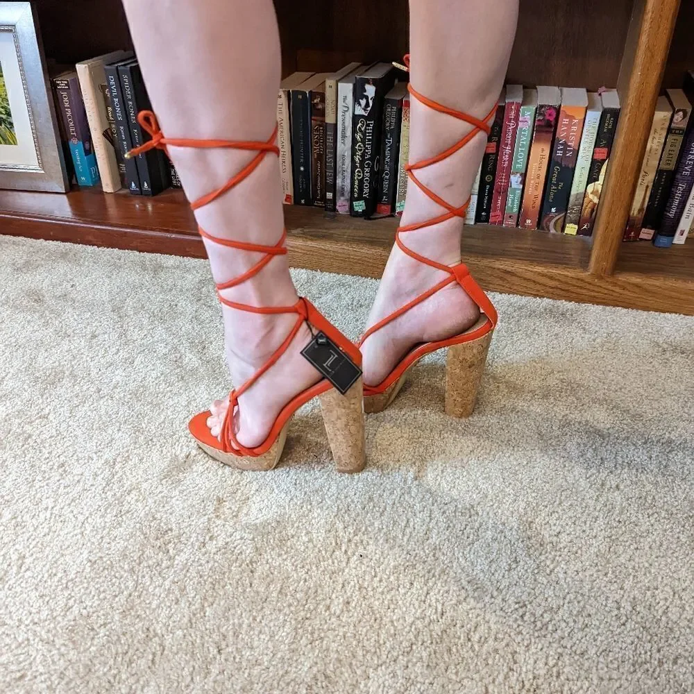 𝅺lob footwear orange suede gladiator laces sz 7.5 cork platform heels nwt